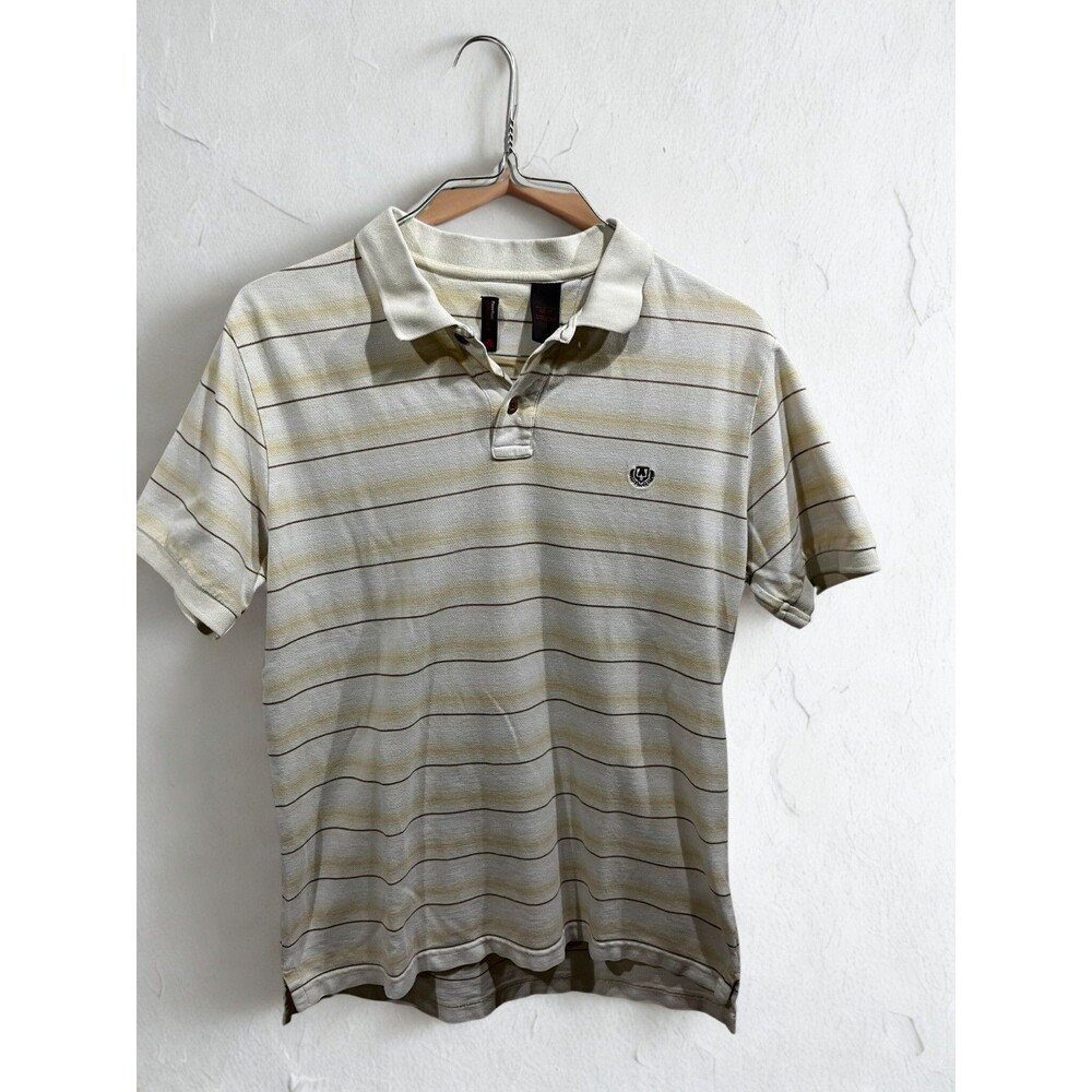 Perry Ellis America Polo Shirt Mens Large Cream Striped Cotton Casual Golf